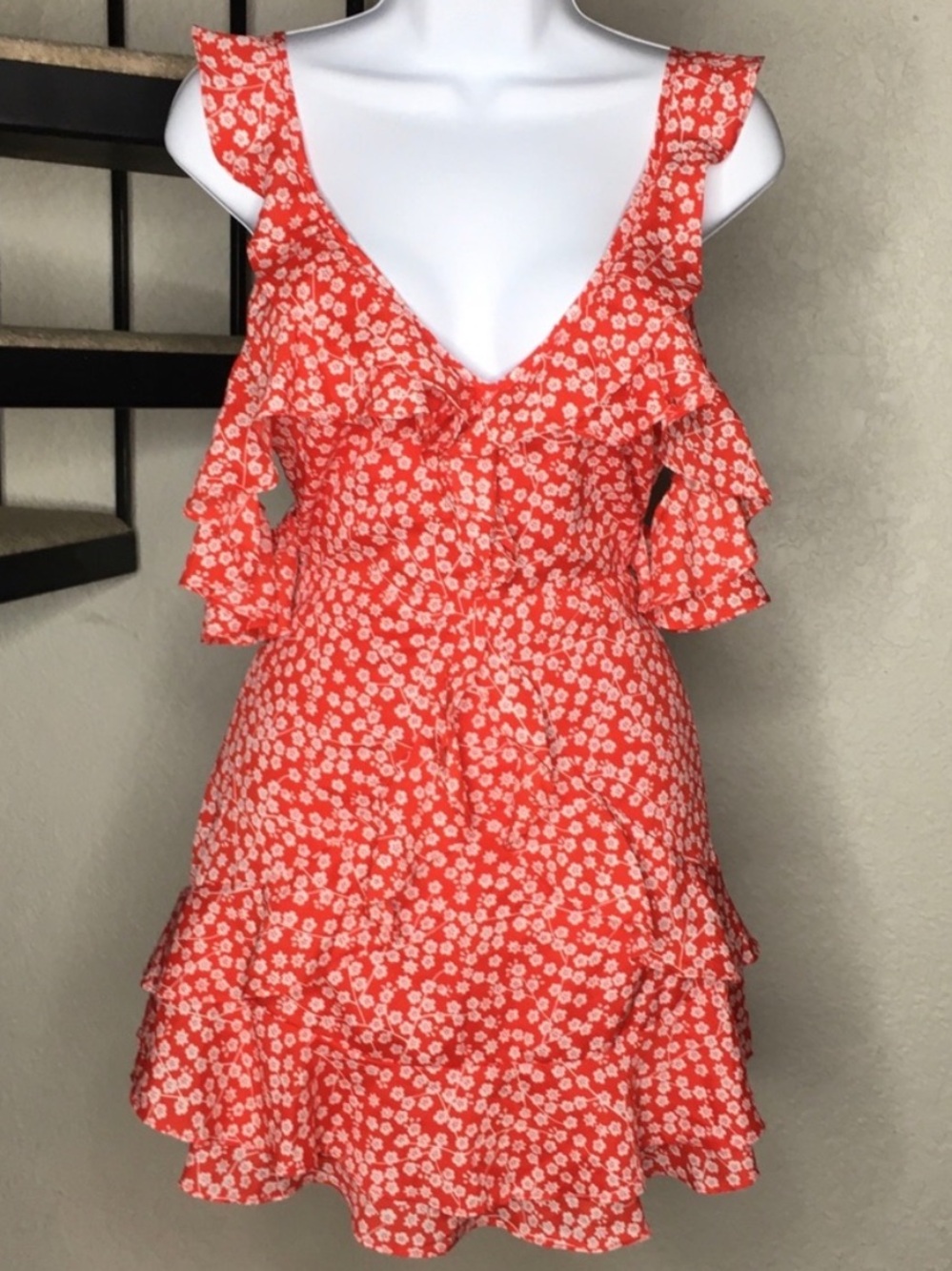 Red Floral Ruffle Cold-Shoulder Mini Dress - Picture 3 of 7